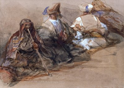 Group of Arab figures, two smoking a cubuk by David Roberts